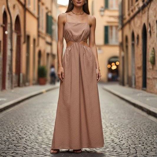 Abito Lungo Estivo da Donna con Spalline Marrone
