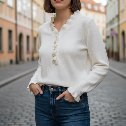Maglione Donna Bianco Misto Volant Perle