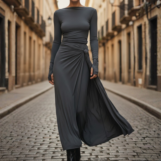 Abito Maxi Donna Slim Fit con Nodo Laterale e Maniche Lunghe
