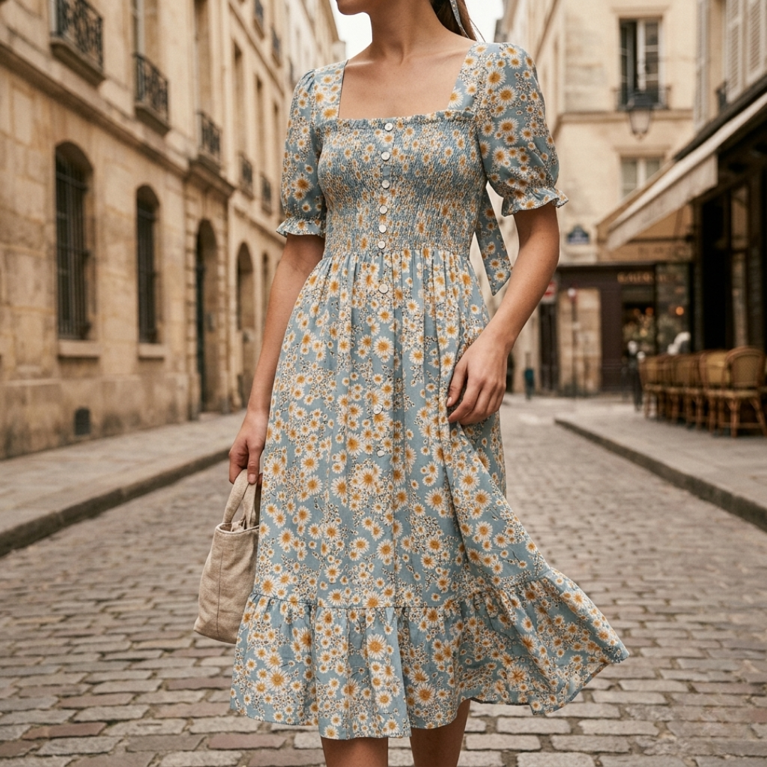 Abito Midi Donna Floreale Drappeggiato Maniche a Sbuffo