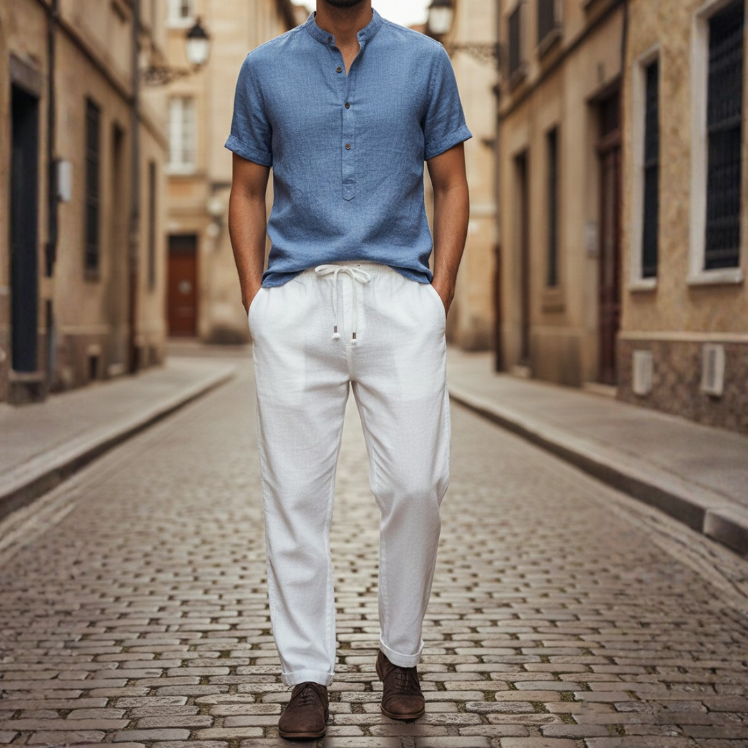 Set Camicia Uomo in Lino Collo Coreana Manica Corta Slim Fit