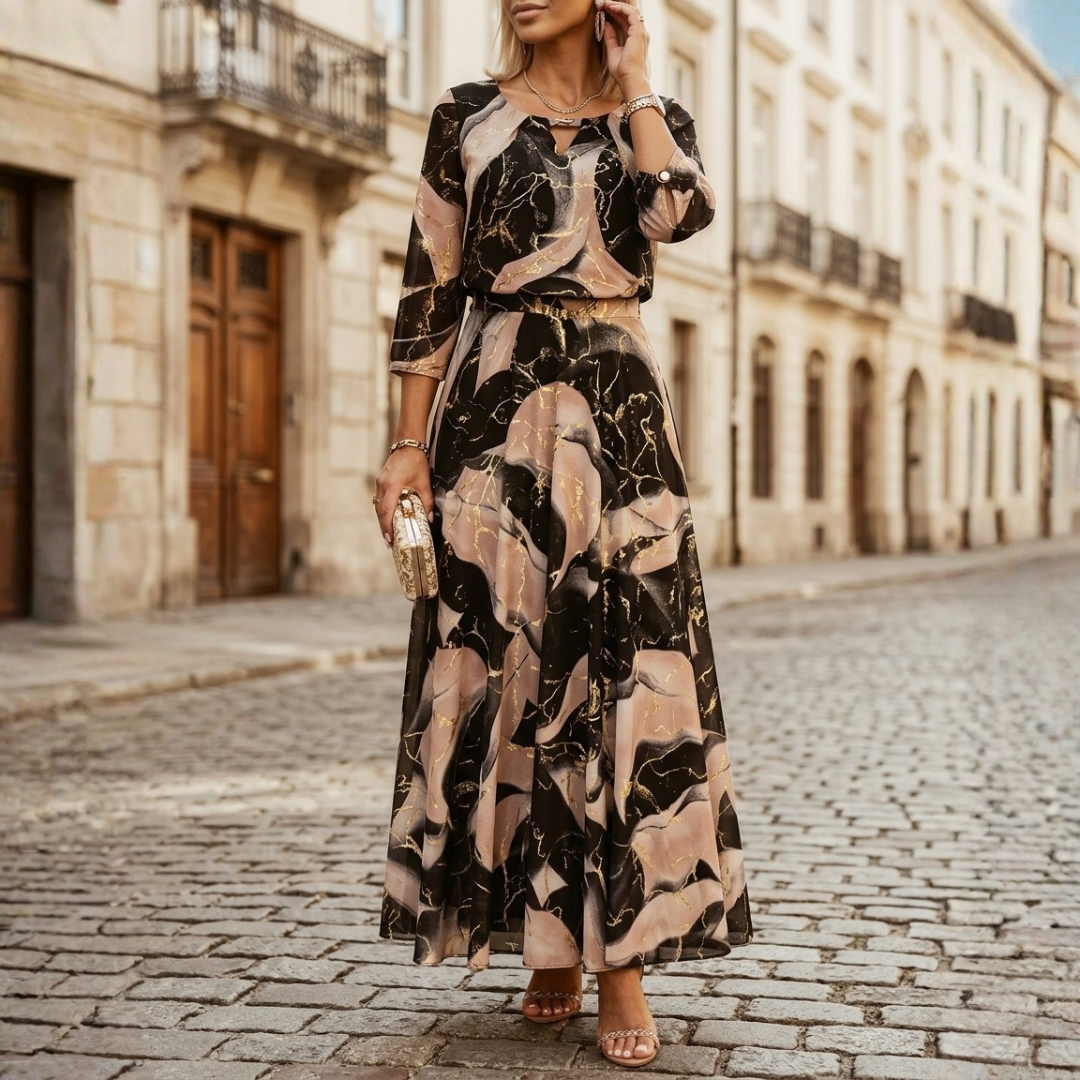 Maxi Abito Donna in Chiffon Stampato Manica Tre Quarti Linea A Oro