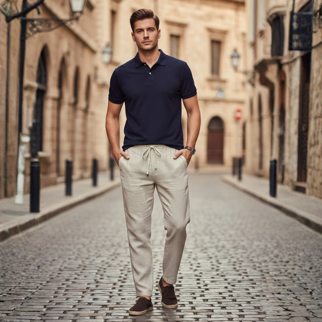 Pantaloni Uomo in Lino con Coulisse e Vita Elasticizzata Gamba Dritta