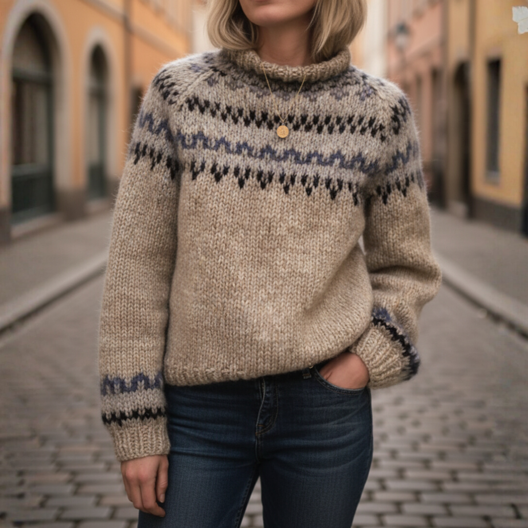 Maglione Donna Grigio con Motivo Fair Isle Floreale