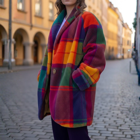 Cappotto Donna Oversize a Quadri Multicolore in Tessuto