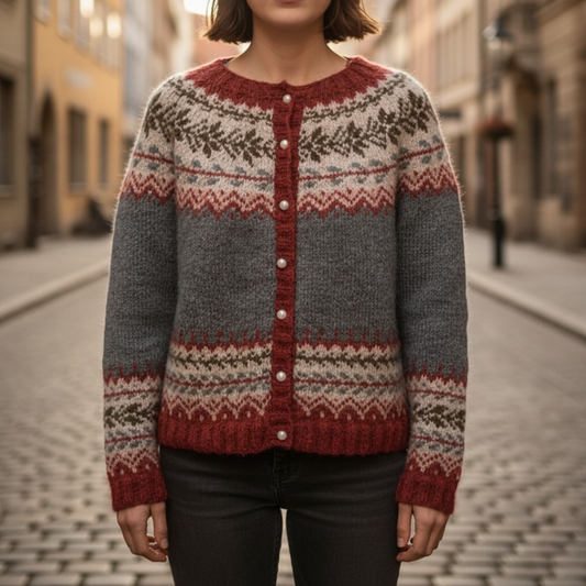 Cardigan Donna in Misto Lana con Bottoni Perla e Motivo Nordic