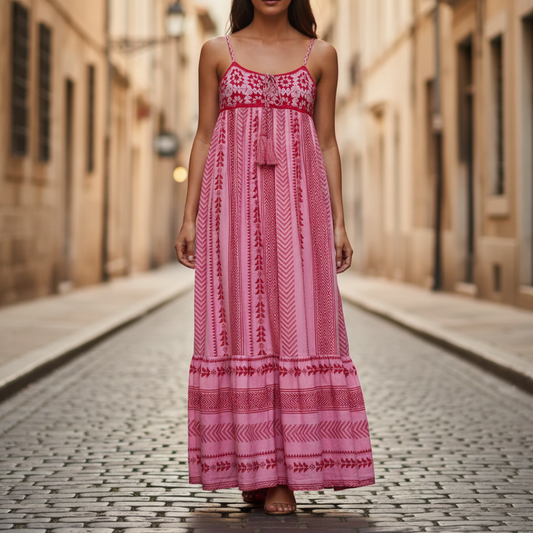 Abito Maxi Donna Rosa a Fantasia con Spalline Sottili