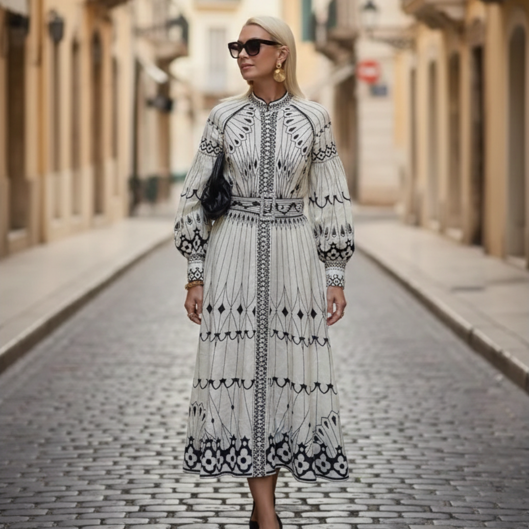 Abito Lungo Donna con Stampe e Cintura