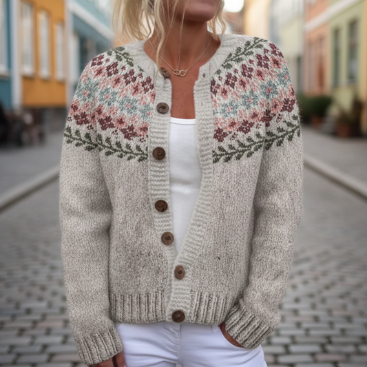 Cardigan Donna Jacquard Floreale Beige
