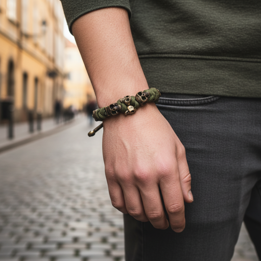 Bracciale Uomo Paracord con Teschi in Metallo Bronzo