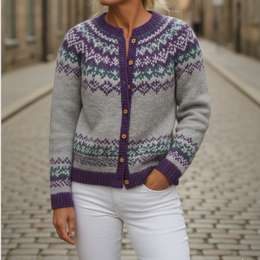 Cardigan Donna Grigio Jacquard Fair Isle
