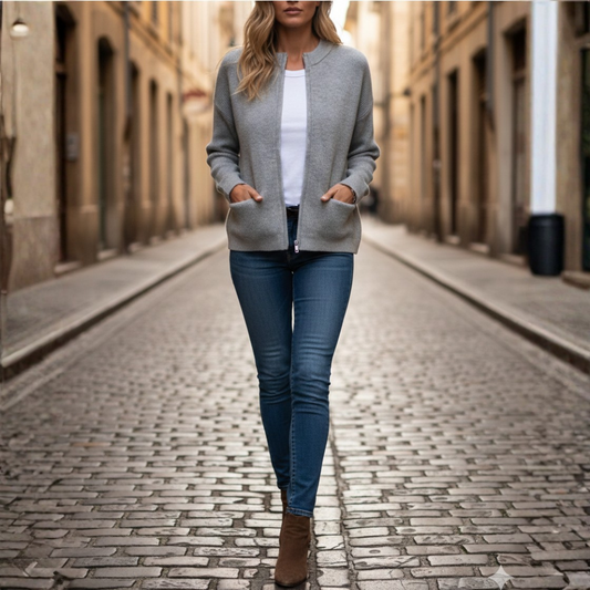 Cardigan Donna in Maglia con Zip e Tasche Frontali