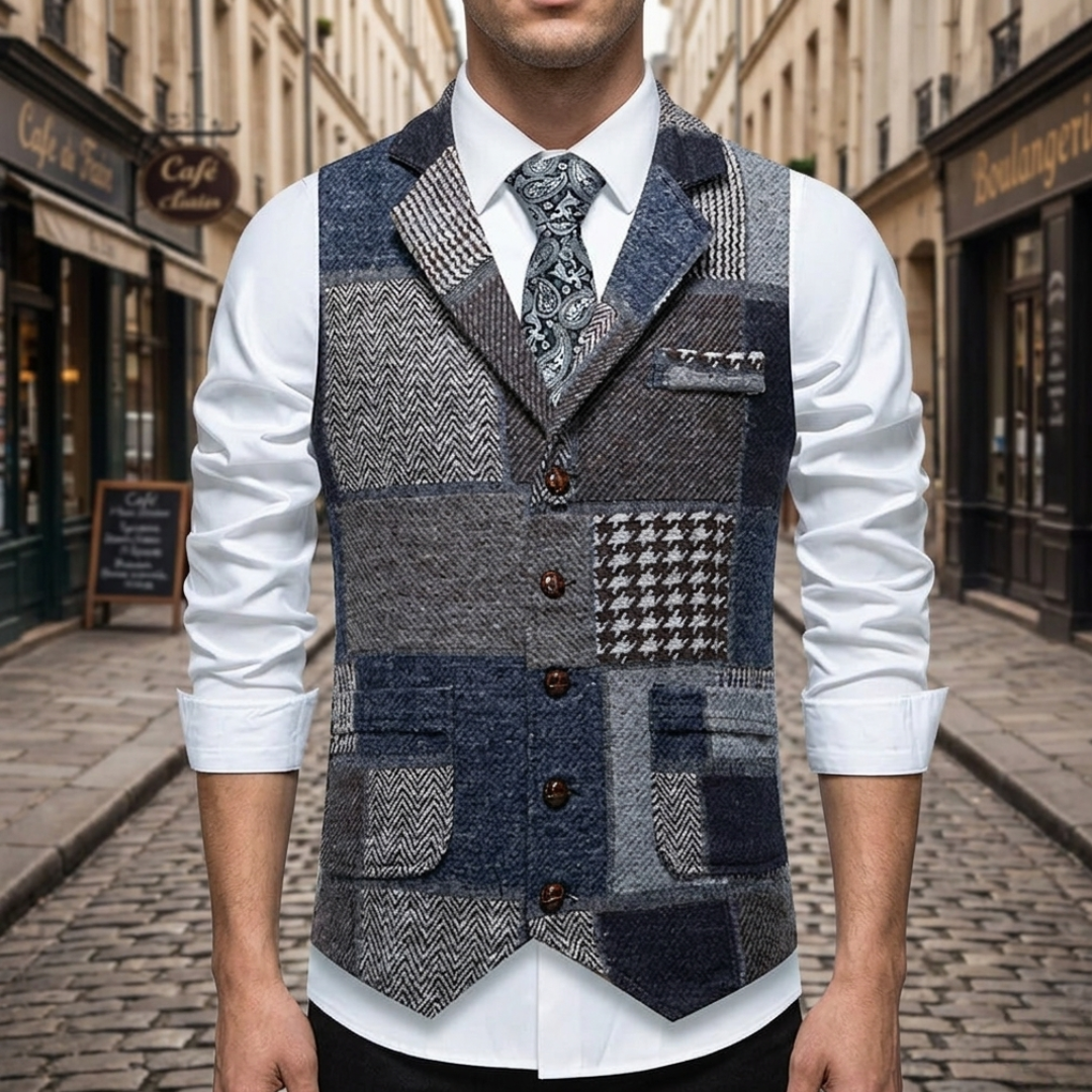 Gilet Elegante Completo Tweed Uomo Slim Fit Patchwork