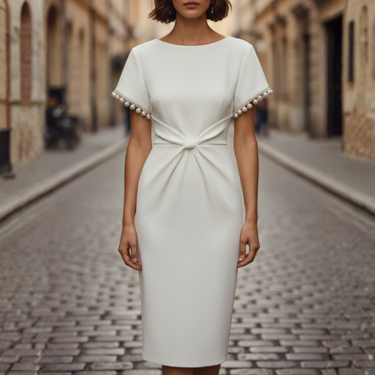 Abito Donna Bianco Midi con Perle e Nodo in Vita