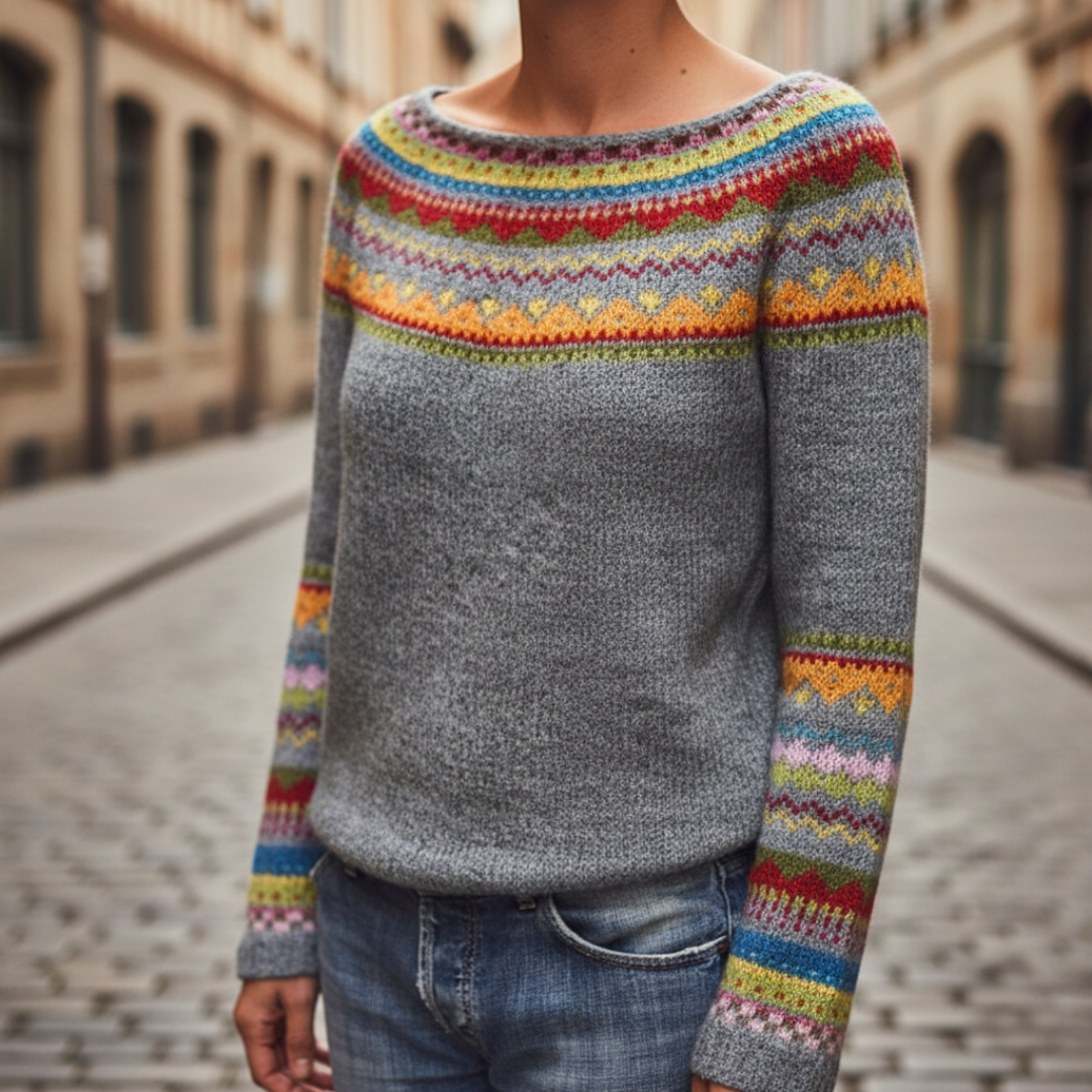 Maglione Donna Grigio con Righe Nordic Colorate
