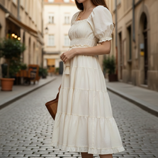 Abito Midi Donna Scollo Quadrato Maniche Sbuffo Cotone Crema