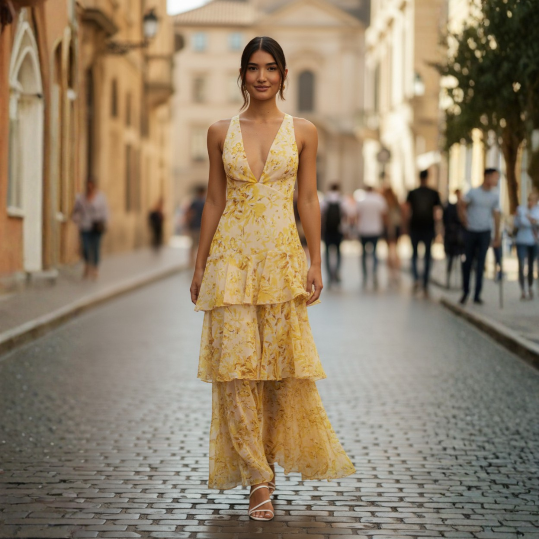 Abito Lungo Donna Multicolore con Balze e Scollo a V
