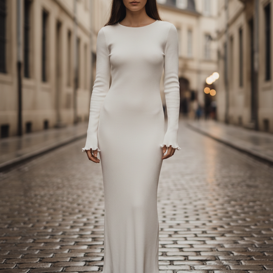Abito Maxi Donna Bianco a Costine con Maniche Lunghe