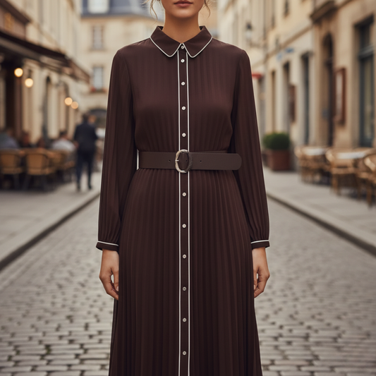 Vestito Donna Lungo Plissettato Marrone