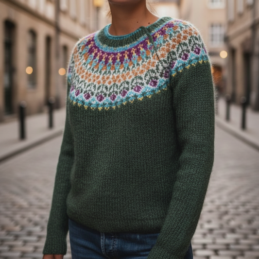 Maglione Donna Verde con Motivo Fair Isle Yoke