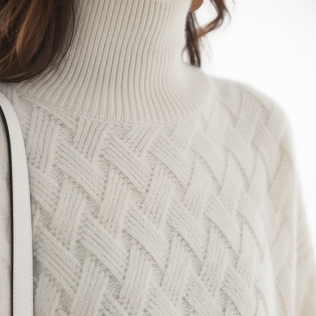 Maglione Donna Dolcevita con Trecce Beige e Bianco