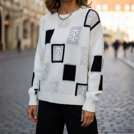 Maglione Donna in Misto Morbido Geometrico Bianco e Nero