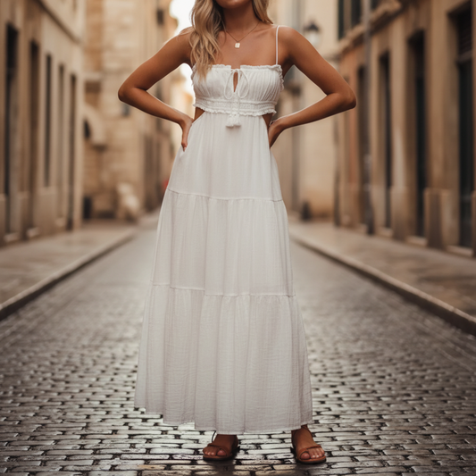 Abito Midi Donna Bianco in Cotone con Spalline Sottili