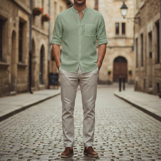 Camicia Uomo in Lino Collo Coreana Manica Corta Slim Fit