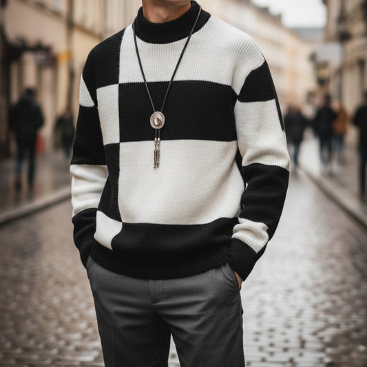 Maglione Collo Alto a Blocchi di Colore