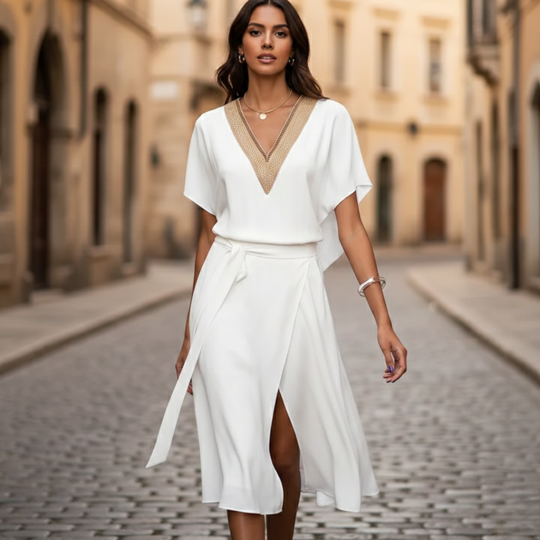 Abito Midi Donna Scollo a V Dettaglio Dorato Bianco Estate