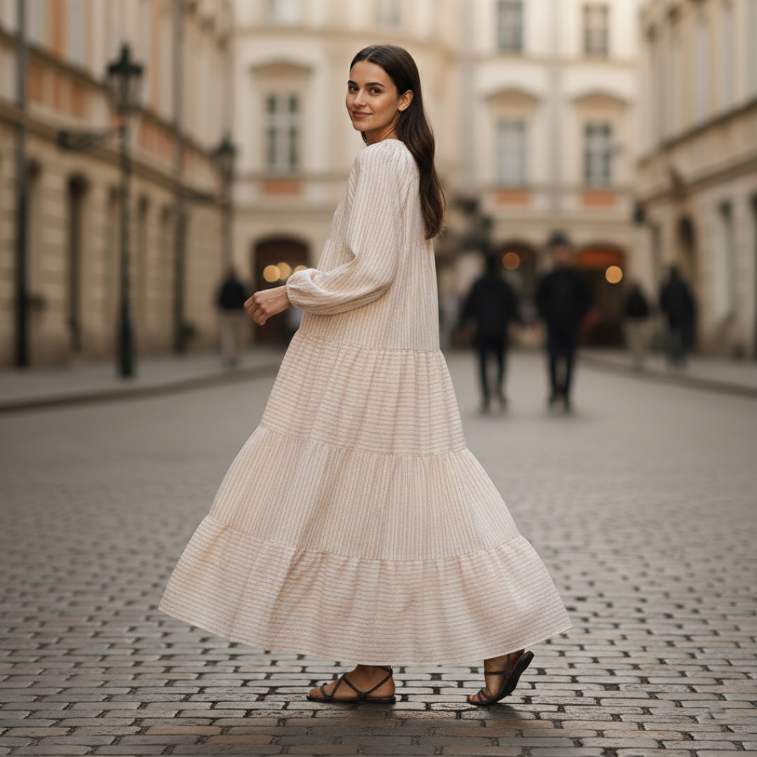 Abito Maxi Donna Beige con Maniche Lunghe