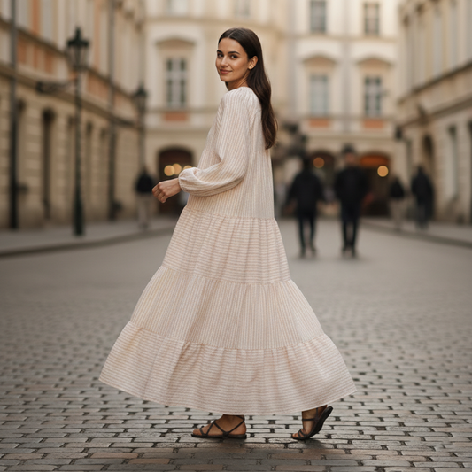 Abito Maxi Donna Beige con Maniche Lunghe