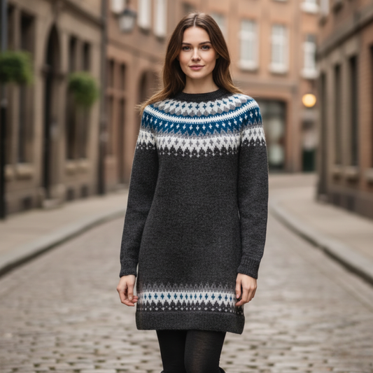 Abito Donna Lana Grigio Jacquard Fair Isle
