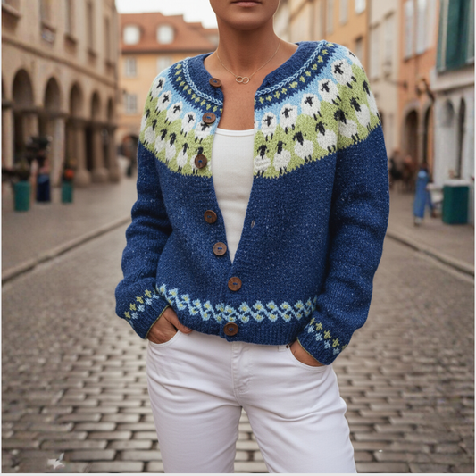 Cardigan Donna Blu con Bottoni e Motivo Nordic