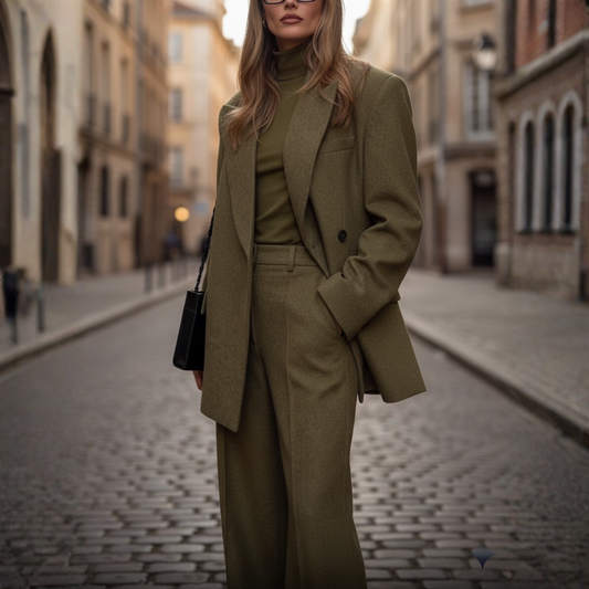 Completo Donna in Lana con Blazer Monopetto e Pantaloni a Gamba Larga