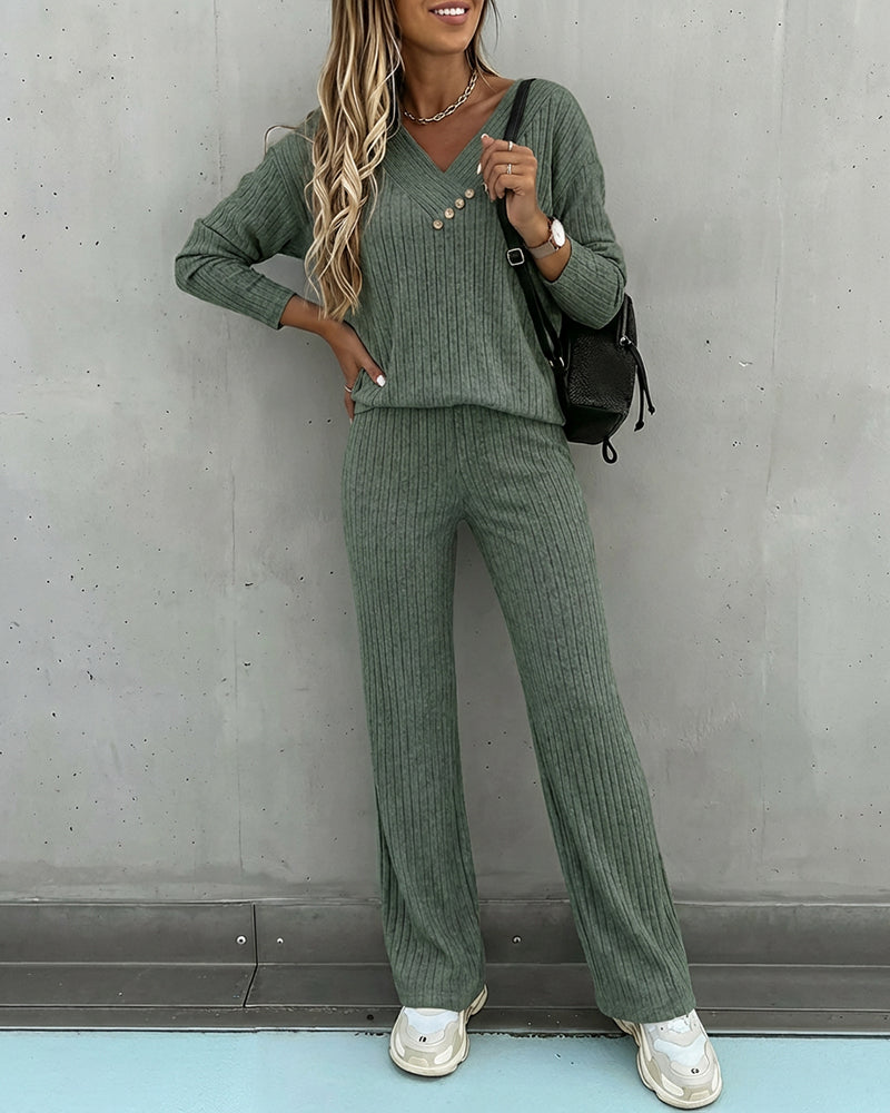 Set Maglia 2 Pezzi Donna Viscosa Scollo a V Manica Lunga Pantaloni Dritti