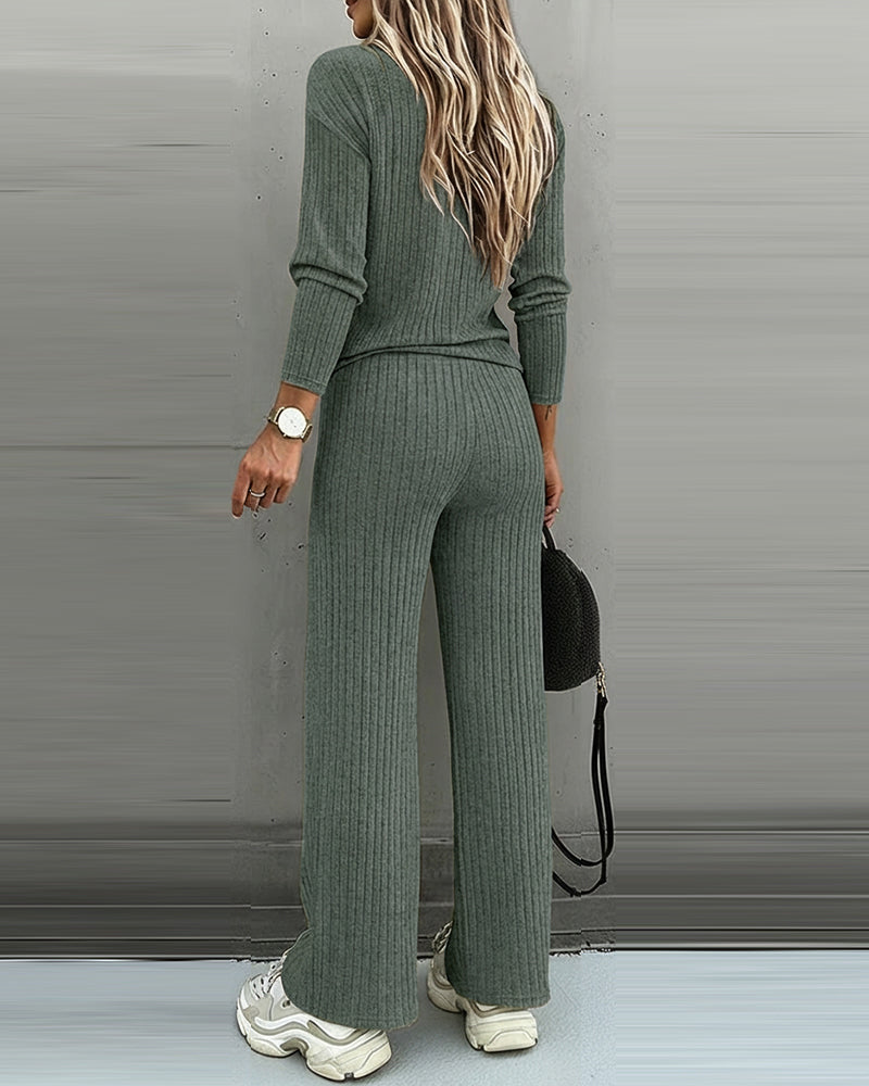 Set Maglia 2 Pezzi Donna Viscosa Scollo a V Manica Lunga Pantaloni Dritti