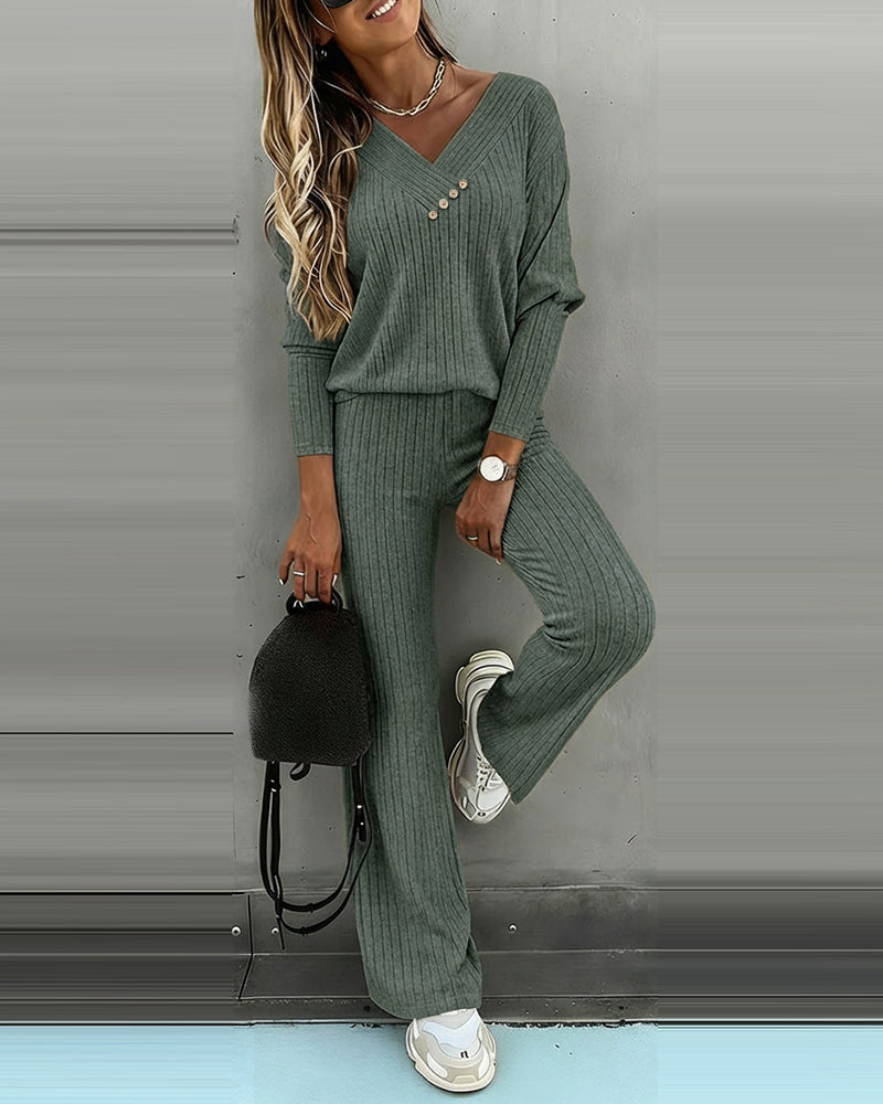 Set Maglia 2 Pezzi Donna Viscosa Scollo a V Manica Lunga Pantaloni Dritti