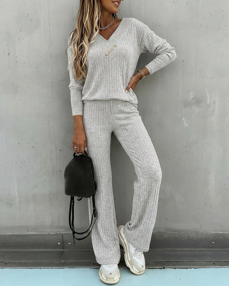 Set Maglia 2 Pezzi Donna Viscosa Scollo a V Manica Lunga Pantaloni Dritti