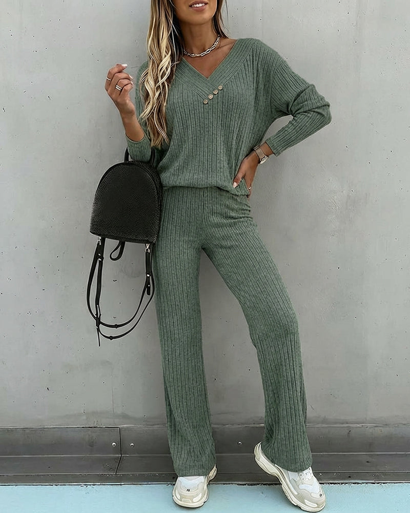 Set Maglia 2 Pezzi Donna Viscosa Scollo a V Manica Lunga Pantaloni Dritti