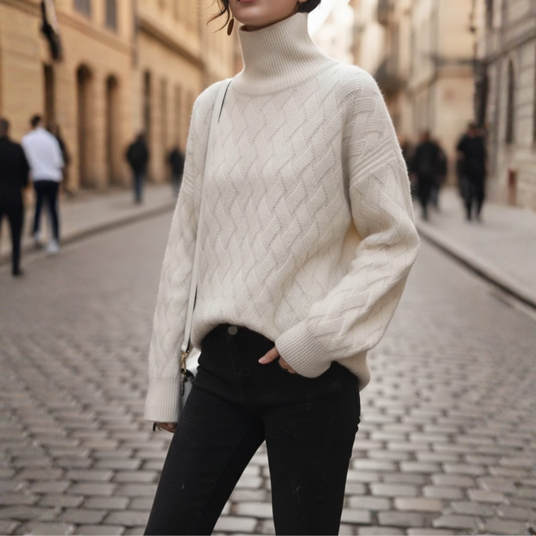 Maglione Donna Dolcevita con Trecce Beige e Bianco
