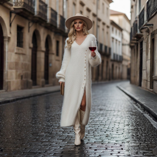 Abito Midi Donna con Scollo a V in Maglia Effetto Pelliccia