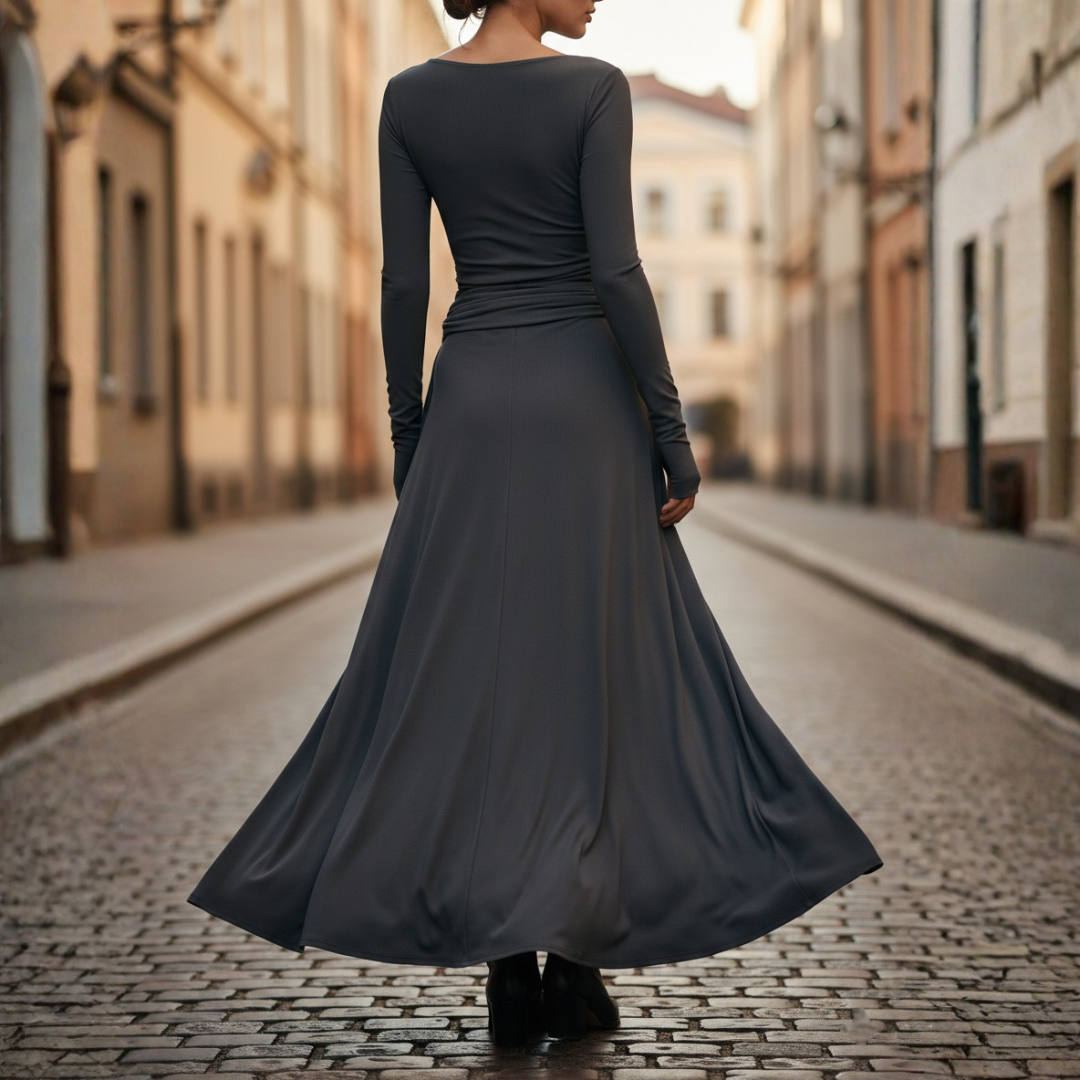 Abito Maxi Donna Slim Fit con Nodo Laterale e Maniche Lunghe