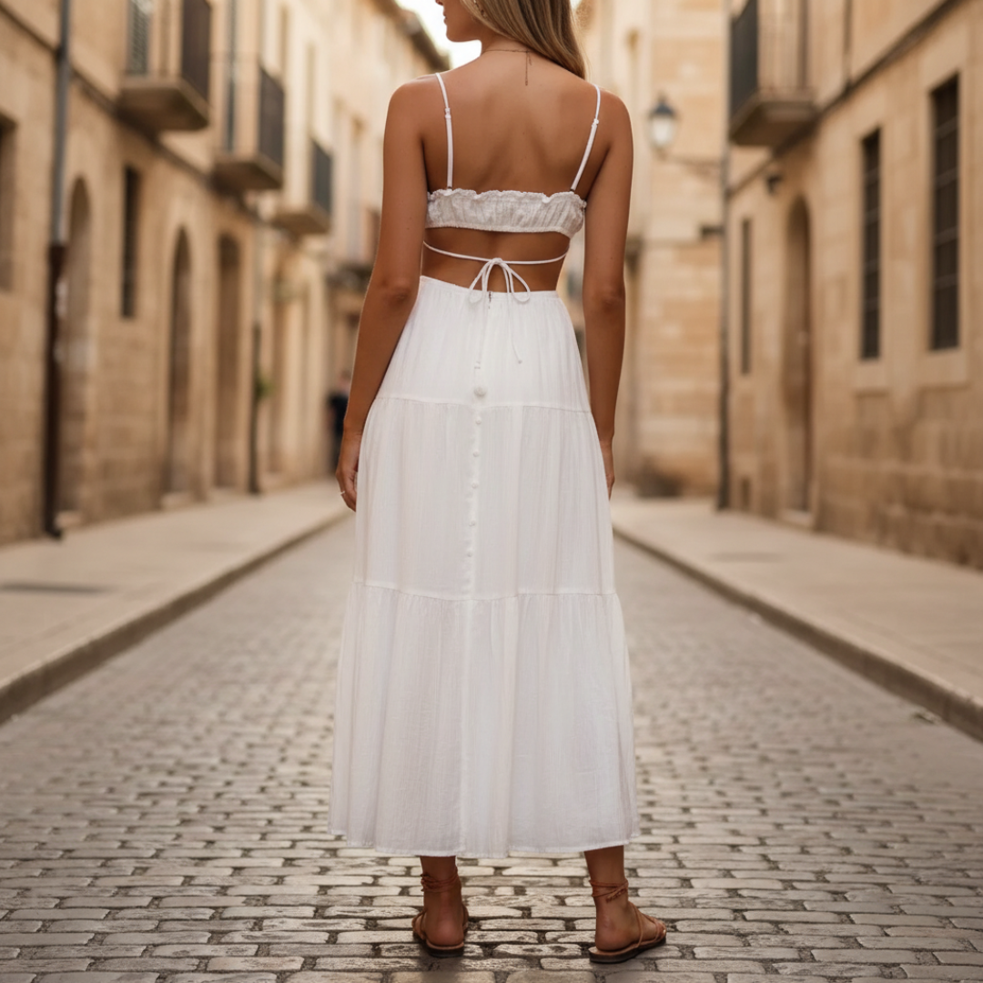 Abito Midi Donna Bianco in Cotone con Spalline Sottili