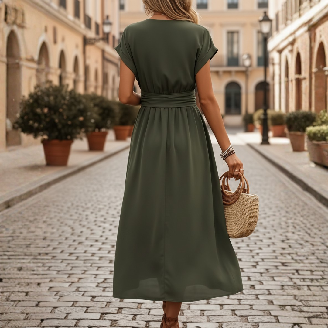 Abito Midi Donna con Scollo a V e Vita Incrociata