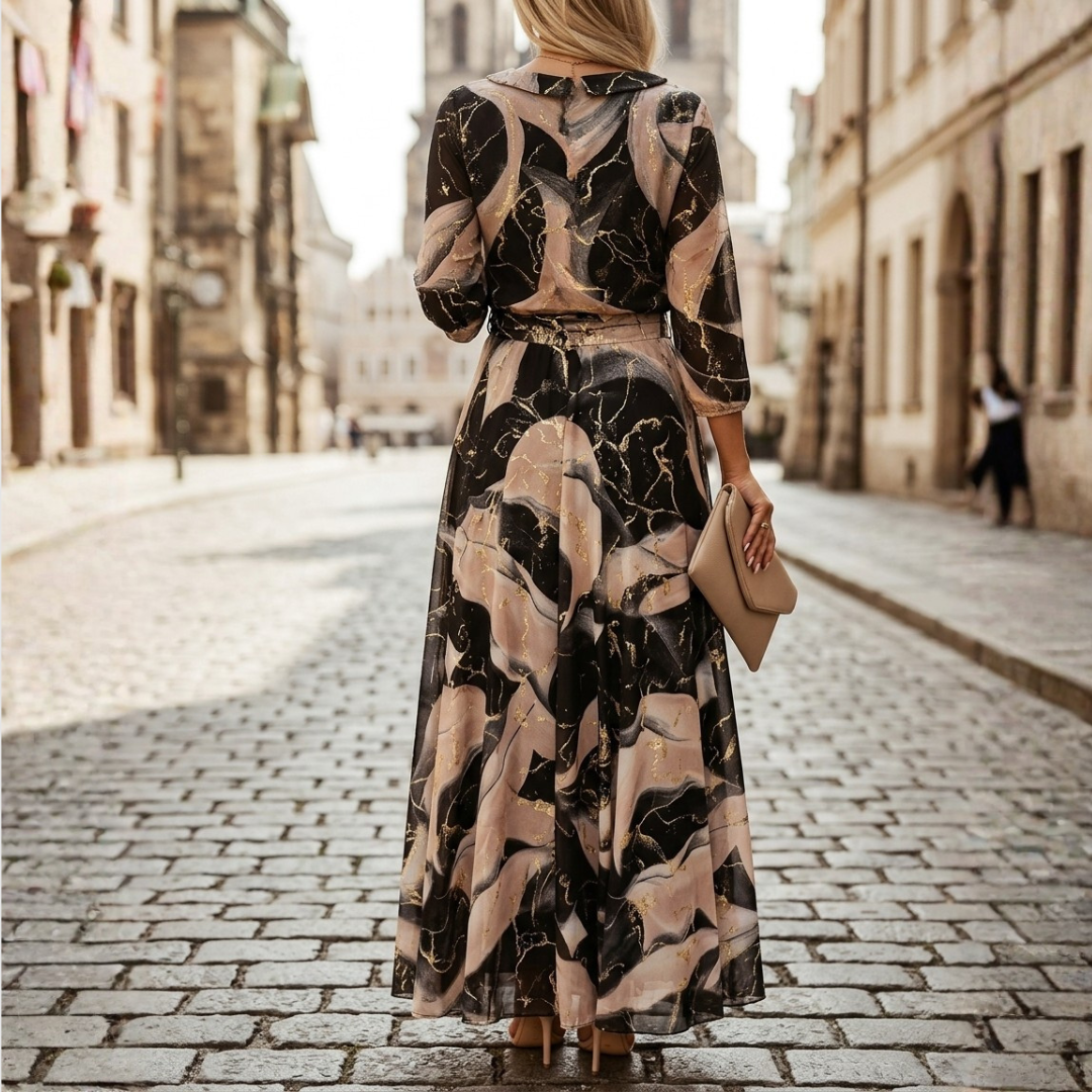 Maxi Abito Donna in Chiffon Stampato Manica Tre Quarti Linea A Oro