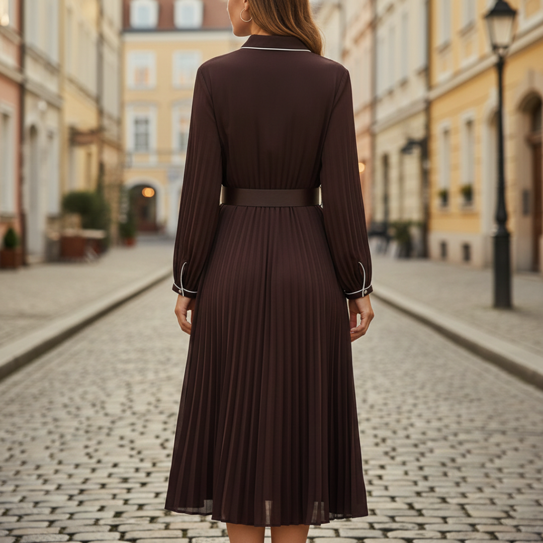 Abito Midi Donna Plissé con Cintura e Profili a Contrasto