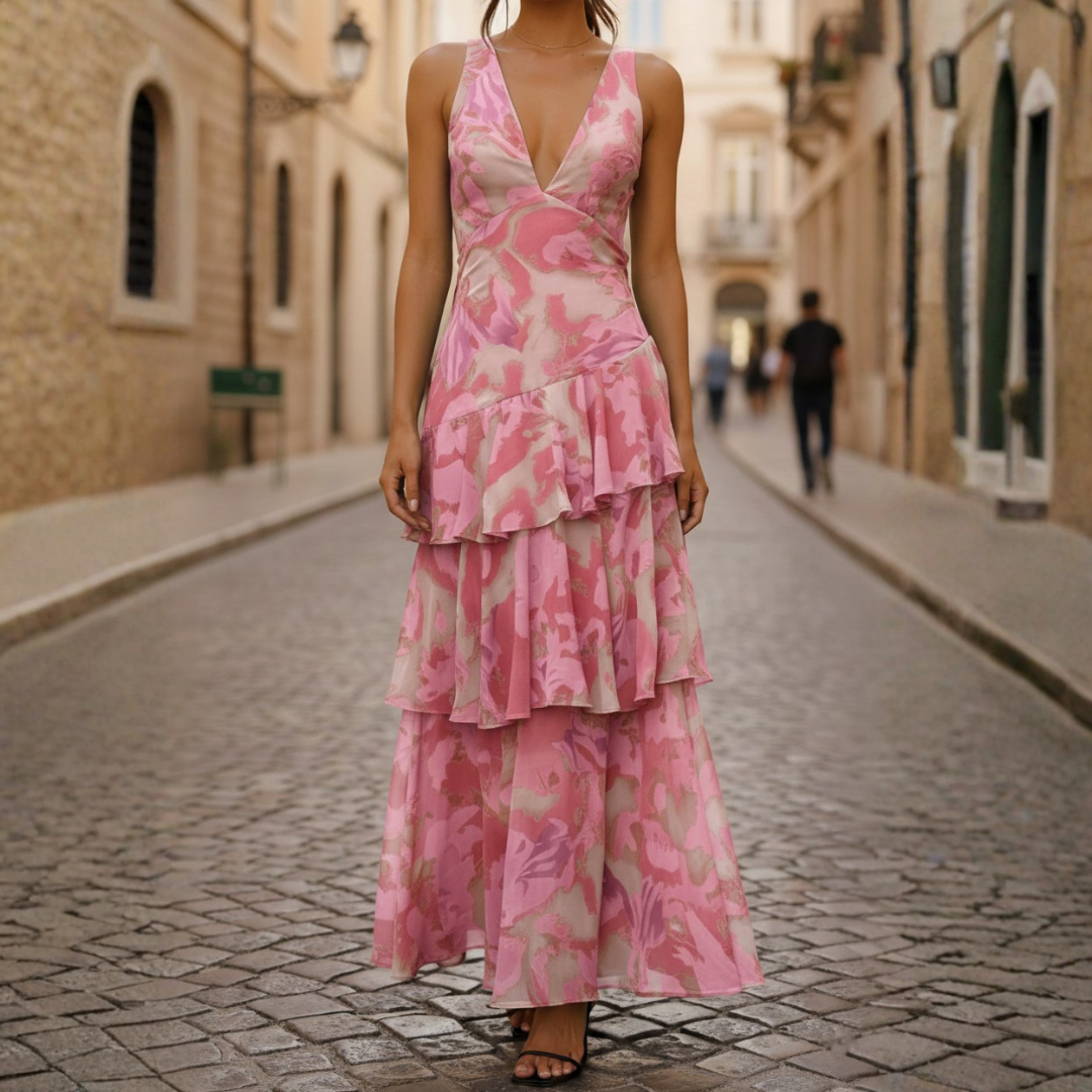 Abito Lungo Donna Multicolore con Balze e Scollo a V