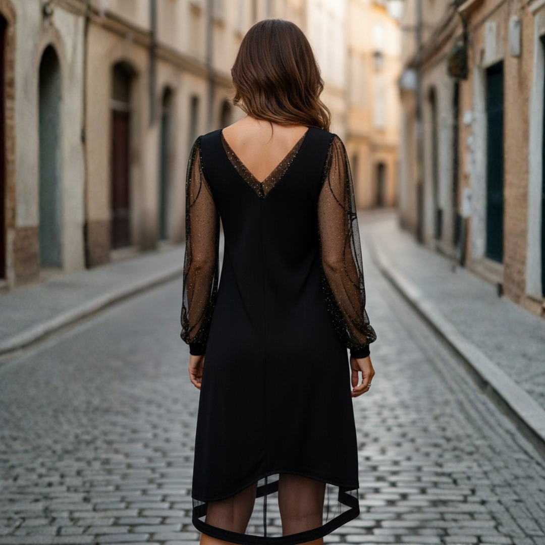 Abito Donna Nero Misto con Maniche Trasparenti