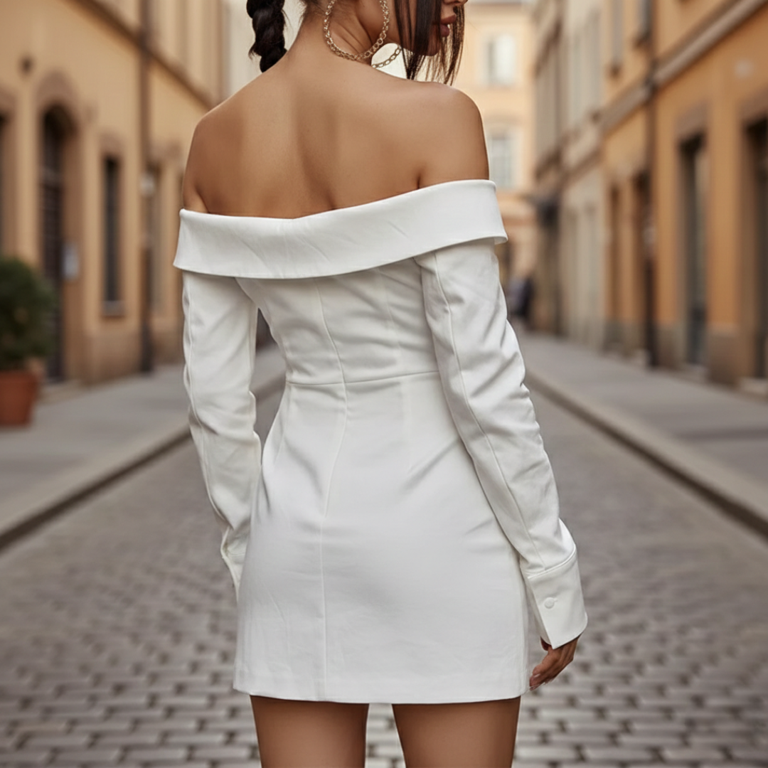 Mini Abito Donna Spalle Scoperte Maniche Lunghe Design Asimmetrico Bianco